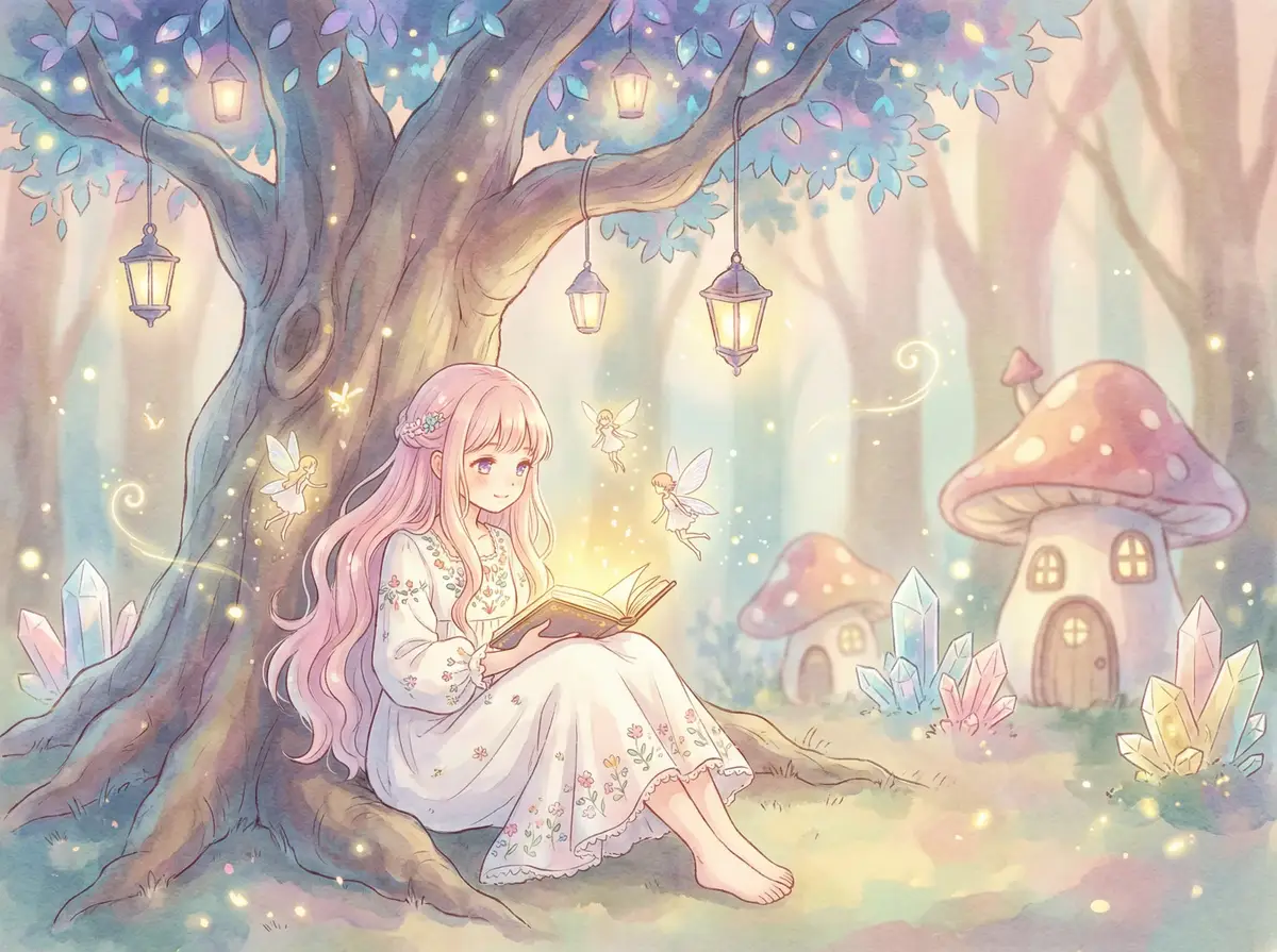很直接的网站 - 魔法森林中阅读故事书的粉发少女与精灵